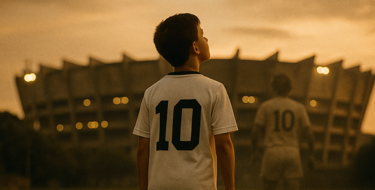 Jovem jogador de futebol, em torno de 10 a 12 anos, veste uma camisa número 10 moderna e limpa. Ele caminha em direção a um estádio imponente e ligeiramente envelhecido, iluminado pelo pôr do sol e com as luzes começando a acender. No reflexo de uma poça d’água próxima surge, de forma translúcida, a imagem fantasmagórica de um lendário camisa 10 do passado, simbolizando a herança do futebol.