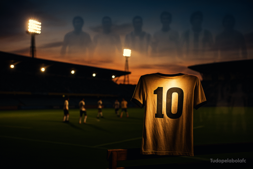 Estádio clássico de futebol ao entardecer, iluminado pelos refletores. Em primeiro plano, uma camisa número 10 vintage, levemente gasta, está pendurada simbolicamente em uma trave ou banco de madeira. A peça é iluminada dramaticamente por um feixe de luz. Ao fundo, aparecem silhuetas etéreas de lendas do futebol em desfoque, sugerindo sua presença icônica.