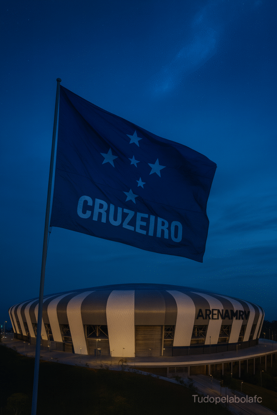 Bandeira do Cruzeiro tremulando diante da Arena MRV ao anoitecer, com céu azul profundo e luzes do estádio ao fundo.