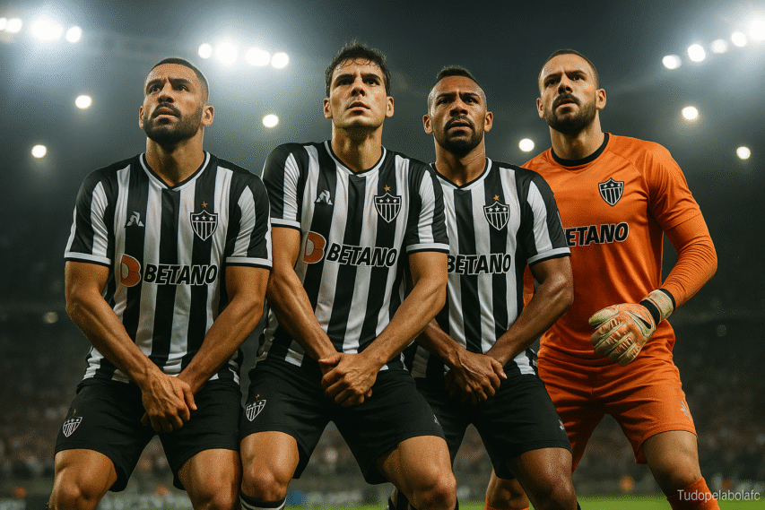 Quatro jogadores do Atlético Mineiro — três defensores e o goleiro — vistos de baixo para cima em ângulo dramático, unidos e em postura firme, formando uma barreira sólida. As luzes intensas do estádio criam sombras marcantes, enquanto o fundo mostra a torcida desfocada, sugerindo o clima de jogo decisivo.