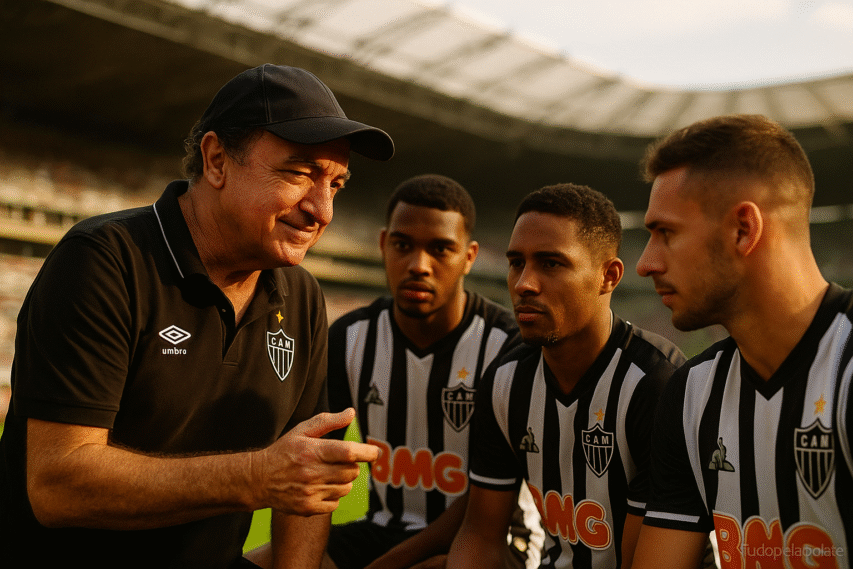 Treinador em estilo semelhante a Cuca conversa de forma serena com jogadores reservas do Atlético Mineiro no banco de reservas. O técnico gesticula de maneira discreta, transmitindo experiência, enquanto os atletas o escutam com atenção e respeito. Ao fundo, um estádio ensolarado aparece em desfoque, reforçando a atmosfera histórica e emocional.