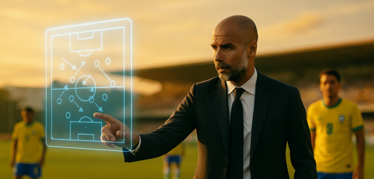 Pep Guardiola, de terno elegante, em um campo de futebol brasileiro iluminado pelo pôr do sol. Ele gesticula com uma das mãos em direção a um holograma tático brilhante com formações complexas. Ao fundo, jogadores brasileiros, em desfoque, observam com expressões de curiosidade. A cena tem iluminação cinematográfica, cores vibrantes e atmosfera dramática.