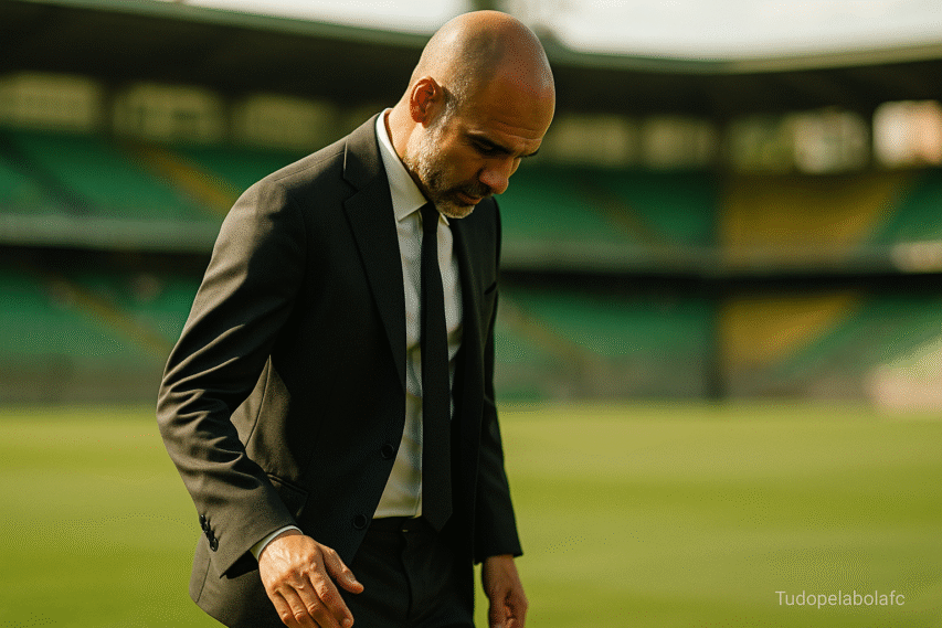 Pep Guardiola, de terno escuro e gravata preta, caminha pelo gramado verde de um estádio brasileiro, olhando para baixo com expressão contemplativa. Sua mão está próxima à grama, como se estivesse sentindo o ambiente. Ao fundo, o estádio aparece desfocado sob a luz suave do sol.