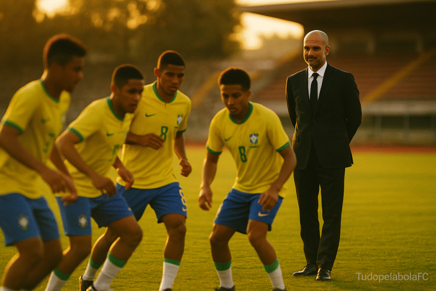 Cena ampla ao pôr do sol mostrando Pep Guardiola em pé no gramado de um estádio brasileiro. No primeiro plano, jovens jogadores brasileiros treinam com movimentos táticos refinados. Guardiola observa ao fundo com um leve sorriso, sob a luz dourada do entardecer.