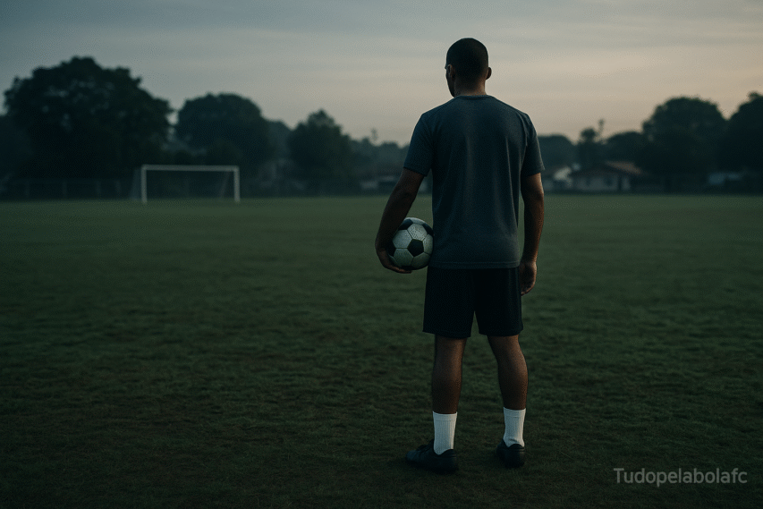 Homem solitário em campo de futebol comunitário, vestindo roupa simples de treino e segurando uma bola. Ele olha para o horizonte ao amanhecer, em meio a grama gasta, com tons frios e desbotados. A cena transmite reflexão, humildade e a ideia de recomeço diante de incertezas.