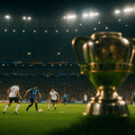 Fotografia hiper-realista de um estádio brasileiro lotado à noite durante uma partida das quartas de final da Copa do Brasil. O campo aparece intensamente iluminado pelos refletores, com dois times rivais em ação dinâmica. Na frente, em leve desfoque artístico, surge a imagem cintilante da taça da Copa do Brasil, simbolizando o prêmio máximo. As arquibancadas vibram com torcedores, bandeiras e cores, transmitindo rivalidade e emoção.