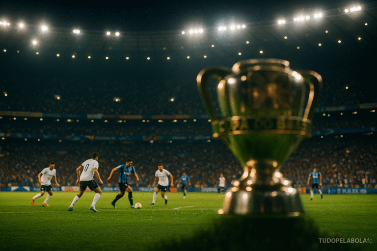 Fotografia hiper-realista de um estádio brasileiro lotado à noite durante uma partida das quartas de final da Copa do Brasil. O campo aparece intensamente iluminado pelos refletores, com dois times rivais em ação dinâmica. Na frente, em leve desfoque artístico, surge a imagem cintilante da taça da Copa do Brasil, simbolizando o prêmio máximo. As arquibancadas vibram com torcedores, bandeiras e cores, transmitindo rivalidade e emoção.