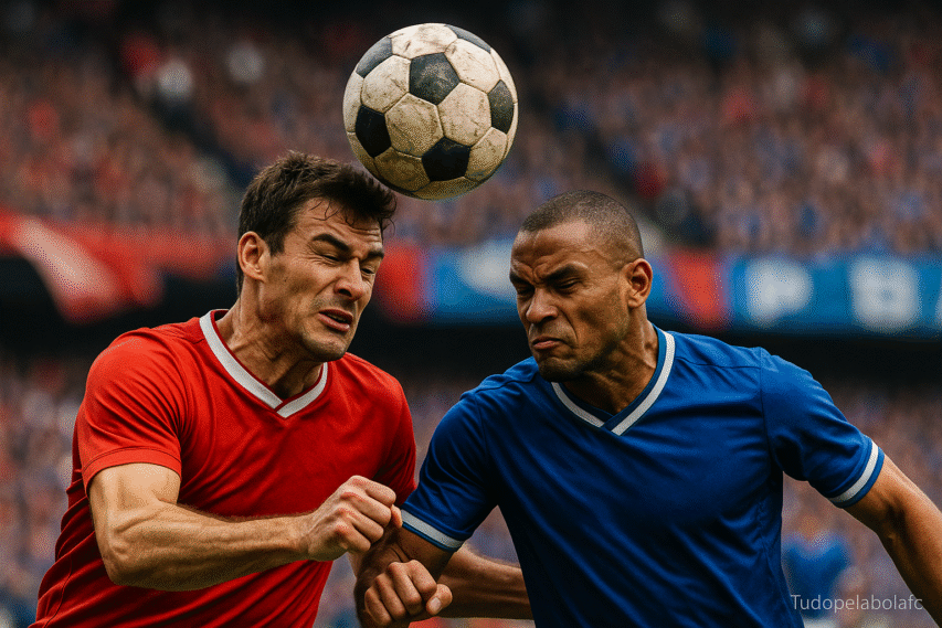 Close-up hiper-realista de dois jogadores em disputa aérea intensa durante um clássico de futebol. Um veste uniforme vermelho vibrante e o outro azul profundo, ambos com expressões de pura determinação. Ao fundo, desfocado, um estádio lotado com bandeiras e cores contrastantes da torcida cria a atmosfera de rivalidade.