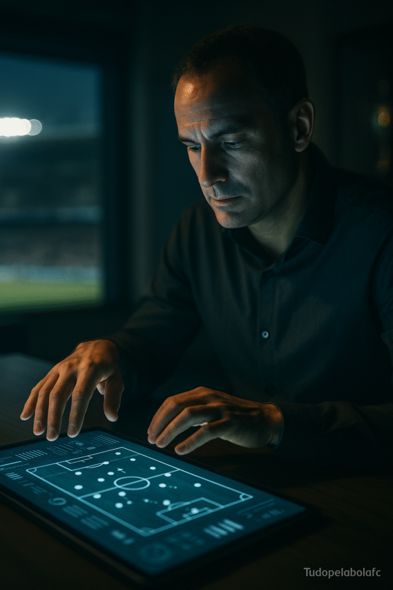 Fotografia realista em ambiente de análise tática, mostrando um analista ou treinador com as mãos sobre um display holográfico ou tablet exibindo dados de jogo, formações e estatísticas. O rosto iluminado pela luz fria da tela transmite concentração e planejamento estratégico. Ao fundo, suavemente desfocado, vê-se a silhueta de um estádio vazio ou de uma sala de troféus, simbolizando objetivos futuros.