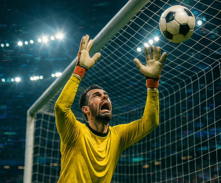 Goleiro em desespero, ajoelhado, vendo a bola escapar de suas mãos e entrar no gol durante partida decisiva sob refletores de estádio lotado.