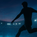 Jogador de futebol em silhueta chutando a bola em um estádio iluminado ao entardecer, com efeitos holográficos de dados e linhas digitais representando inteligência artificial no esporte.