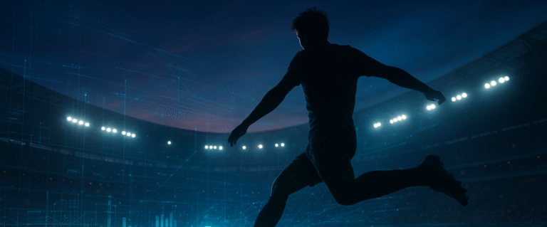 Jogador de futebol em silhueta chutando a bola em um estádio iluminado ao entardecer, com efeitos holográficos de dados e linhas digitais representando inteligência artificial no esporte.