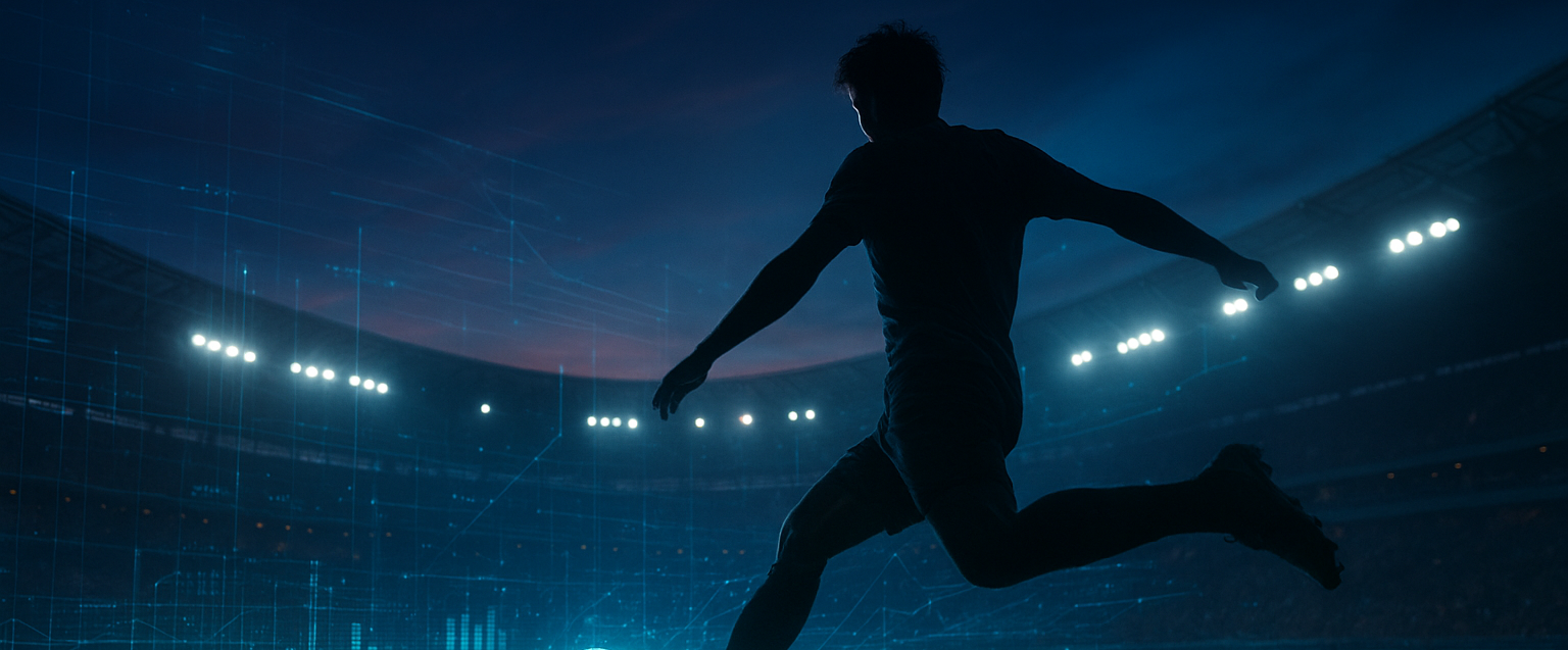 Jogador de futebol em silhueta chutando a bola em um estádio iluminado ao entardecer, com efeitos holográficos de dados e linhas digitais representando inteligência artificial no esporte.