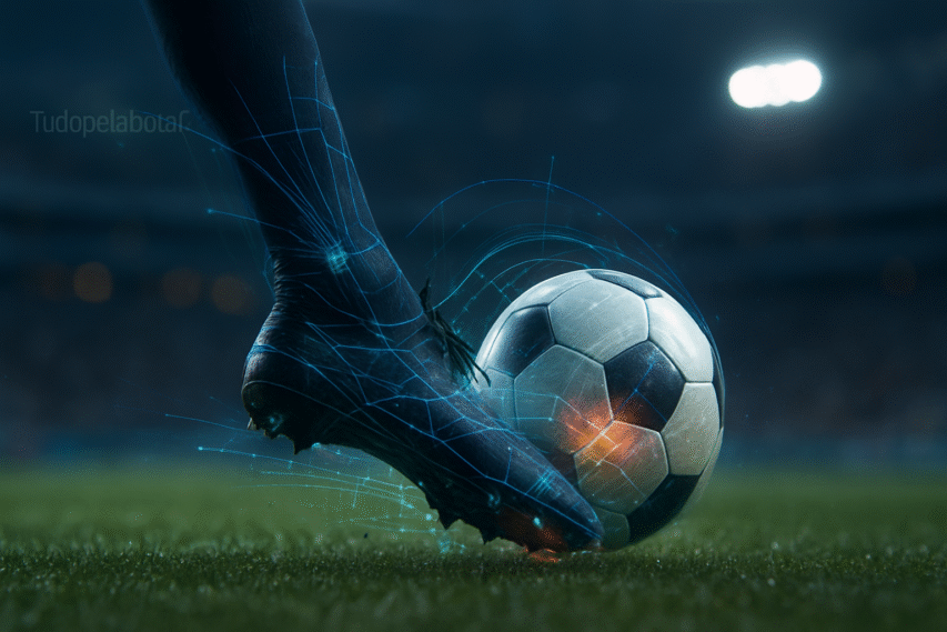 Close-up hiper-realista de um chute no futebol, com o pé do jogador impactando a bola e sobreposição de linhas digitais brilhantes mostrando força, movimento muscular e pontos de impacto.