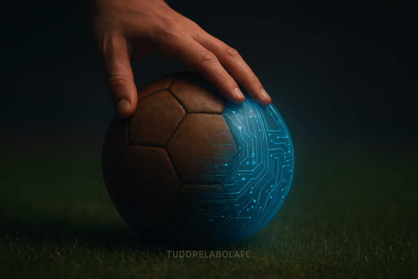 Bola de futebol apoiada na grama, metade em couro tradicional envelhecido e metade em superfície digital futurista com circuitos brilhantes, tocada por uma mão humana.