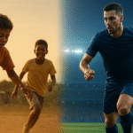 Dois meninos jogando futebol descalços em um campo de terra ao pôr do sol à esquerda, e um jogador profissional driblando uma bola em um estádio iluminado à direita, representando a transição do futebol de rua para o profissional.