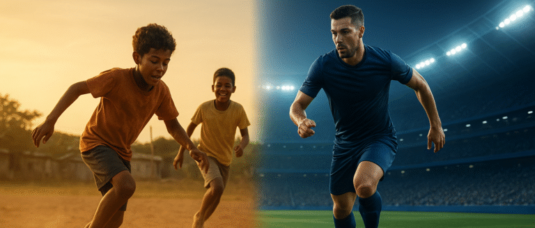 Dois meninos jogando futebol descalços em um campo de terra ao pôr do sol à esquerda, e um jogador profissional driblando uma bola em um estádio iluminado à direita, representando a transição do futebol de rua para o profissional.