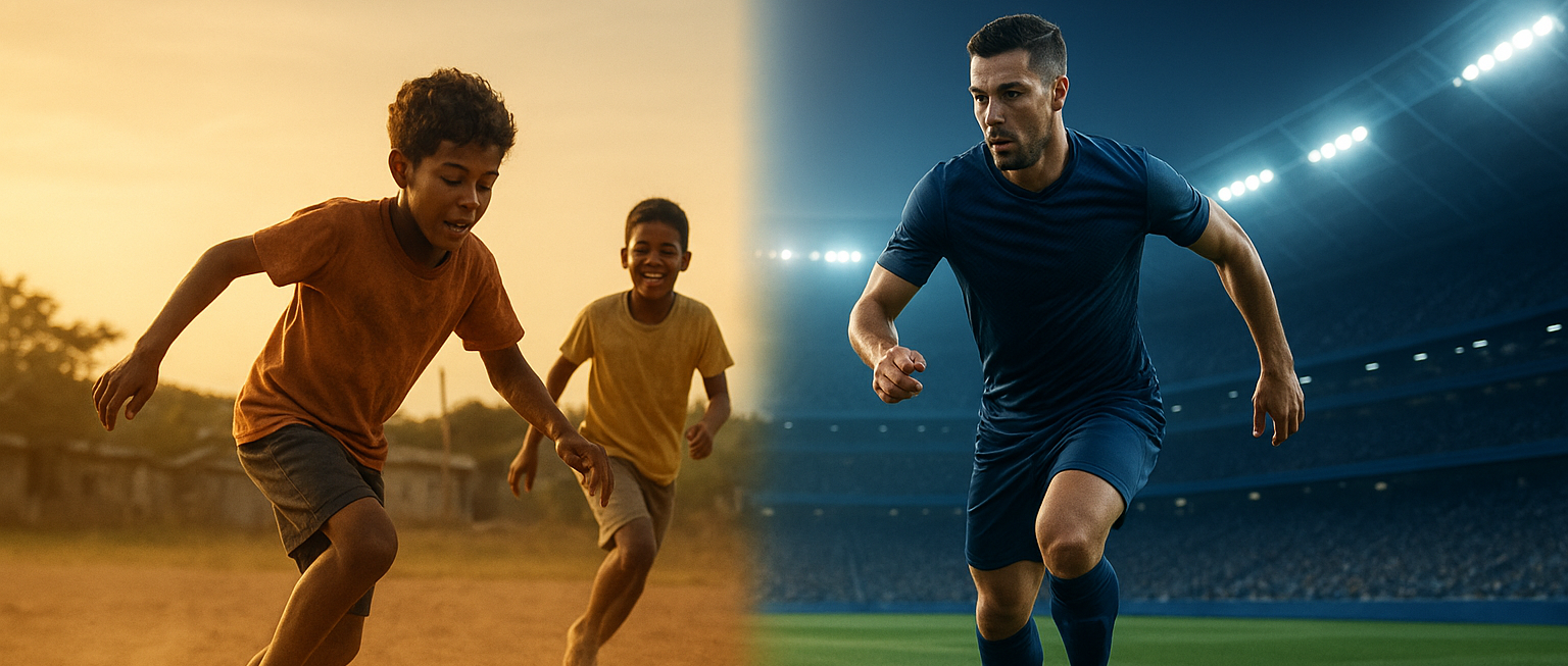 Dois meninos jogando futebol descalços em um campo de terra ao pôr do sol à esquerda, e um jogador profissional driblando uma bola em um estádio iluminado à direita, representando a transição do futebol de rua para o profissional.