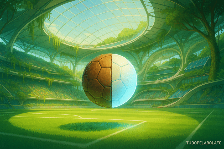 Um estádio onde tecnologia e natureza coexistem em harmonia.
No centro, uma bola flutuante — metade couro envelhecido, metade esfera luminosa — simboliza o encontro entre tradição e inovação no futebol.
A cena evoca otimismo: um jogo sustentável, conectado às suas origens, mas aberto ao futuro.
