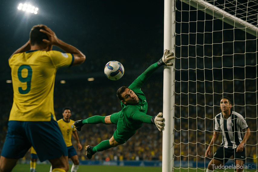 Goleiro em uniforme verde do Brasileirão faz defesa milagrosa, esticando-se no ar e desviando a bola com a ponta dos dedos, a centímetros do gol, enquanto jogadores ao redor reagem em choque e desespero.