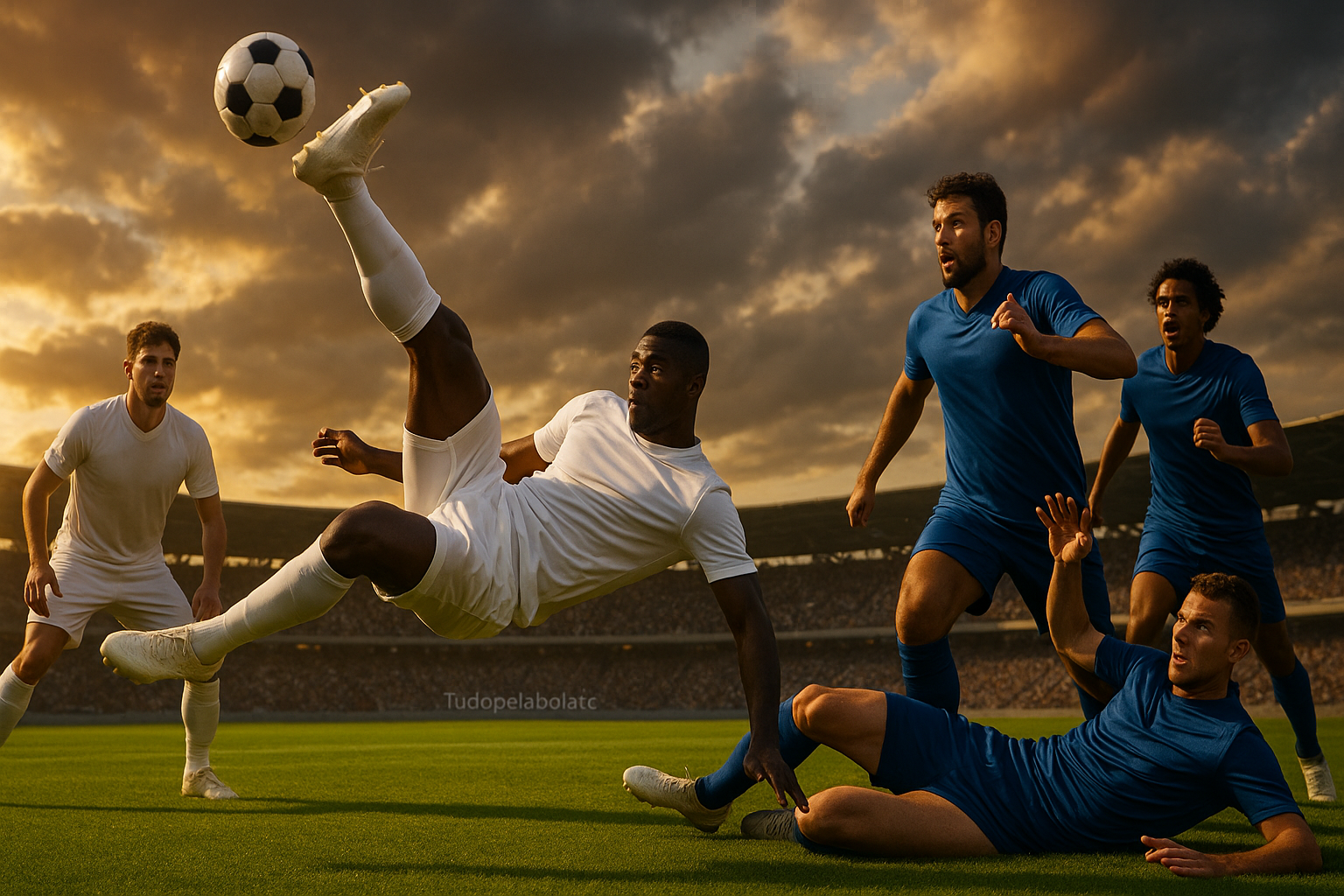 Jogador de futebol negro executa uma bicicleta no ar com expressão concentrada, enquanto outros atletas em azul e branco reagem ao lance, em um campo iluminado pela luz dourada do pôr do sol. O estádio cheio aparece desfocado ao fundo, sob um céu dramático.