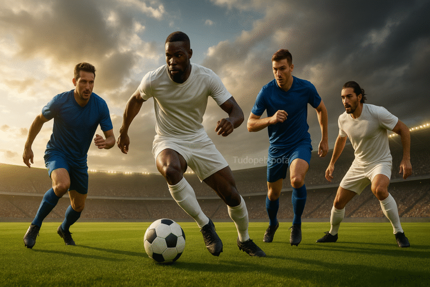 Quatro jogadores de futebol, diversos em etnia, correm em direção à câmera em um campo gramado. Um deles conduz a bola com expressão séria, enquanto os demais, em uniforme azul ou branco, o acompanham sob um céu dramático. Ao fundo, o estádio está cheio e desfocado, com a marca d’água “Tudopelabolafc” sutilmente visível nas arquibancadas.