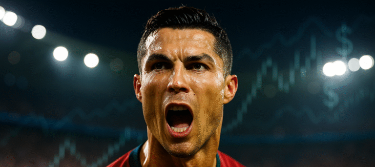Close-up hiper-realista de Cristiano Ronaldo comemorando em campo, com expressão intensa sob luzes de estádio, ao fundo gráficos digitais e símbolos de dólar desfocados.