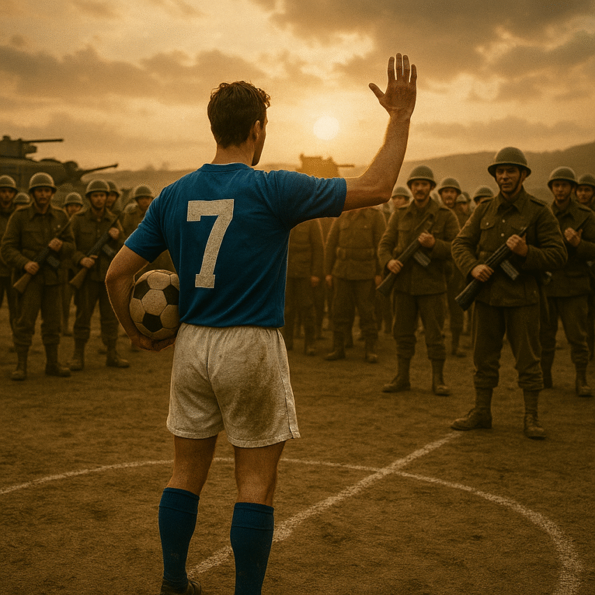 Jogador de uniforme azul com a bola na mão ergue a mão em sinal de paz diante de soldados armados em campo de terra.