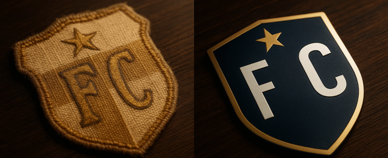 Comparação lado a lado de um escudo de futebol antigo bordado e desbotado, ao lado de um escudo moderno minimalista e metálico sobre uma superfície de madeira escura.