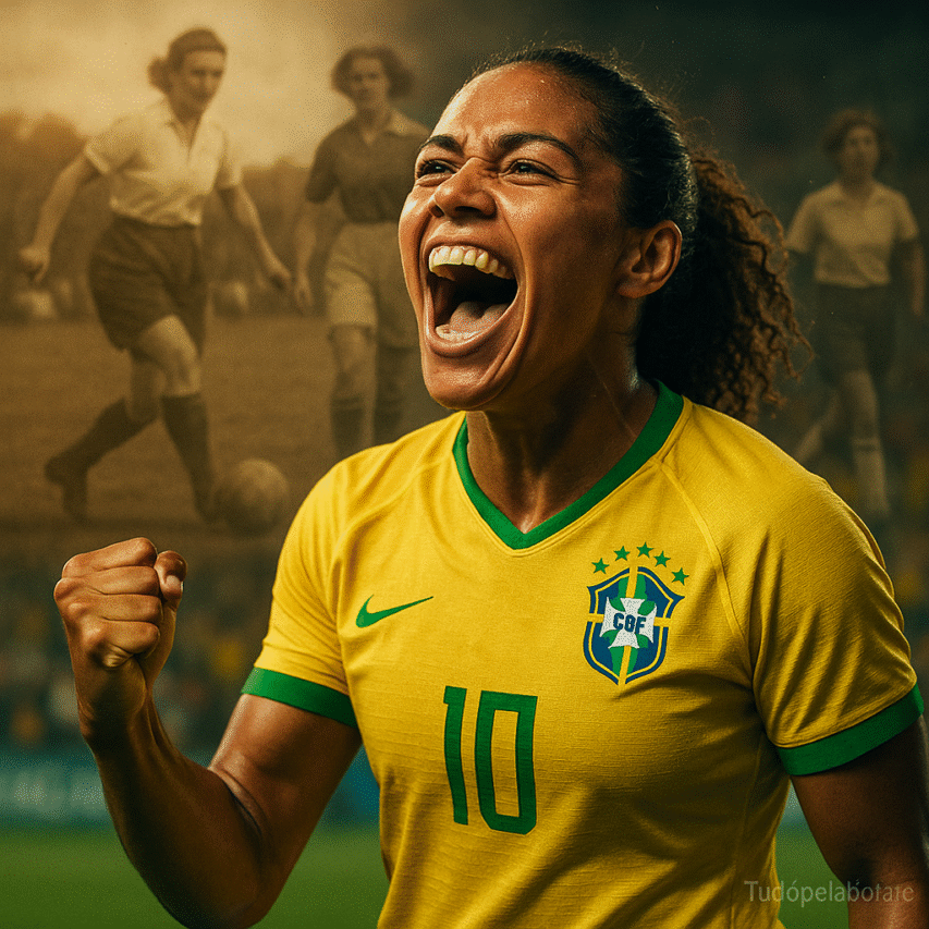Jogadora brasileira em uniforme amarelo nº 10 comemora com emoção após marcar gol, enquanto ao fundo aparecem figuras antigas em sépia de mulheres jogando futebol.