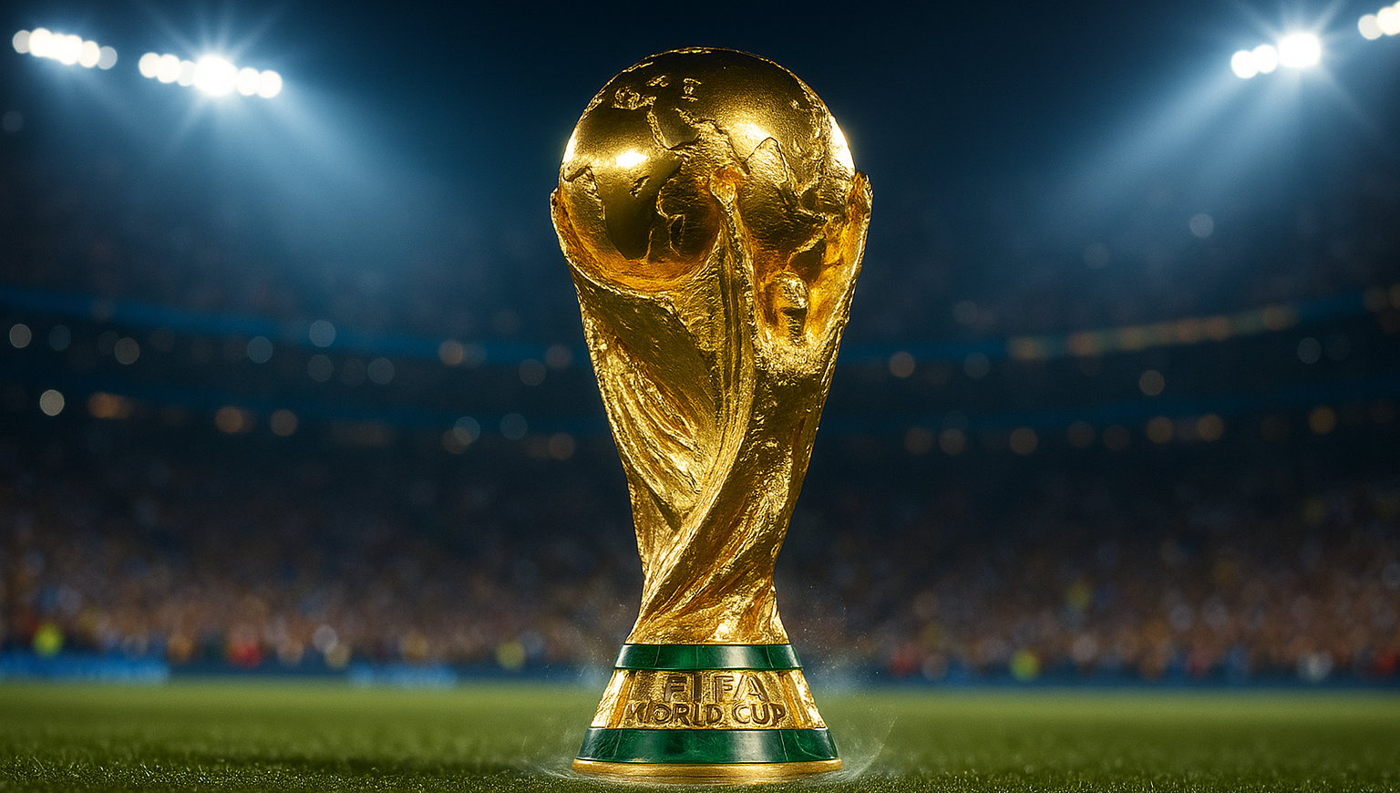 Troféu da Copa do Mundo FIFA dourado sobre gramado úmido, iluminado por refletores; estádio lotado desfocado ao fundo; leve cintilação na base e marca d’água discreta “Tudopelabolafc”