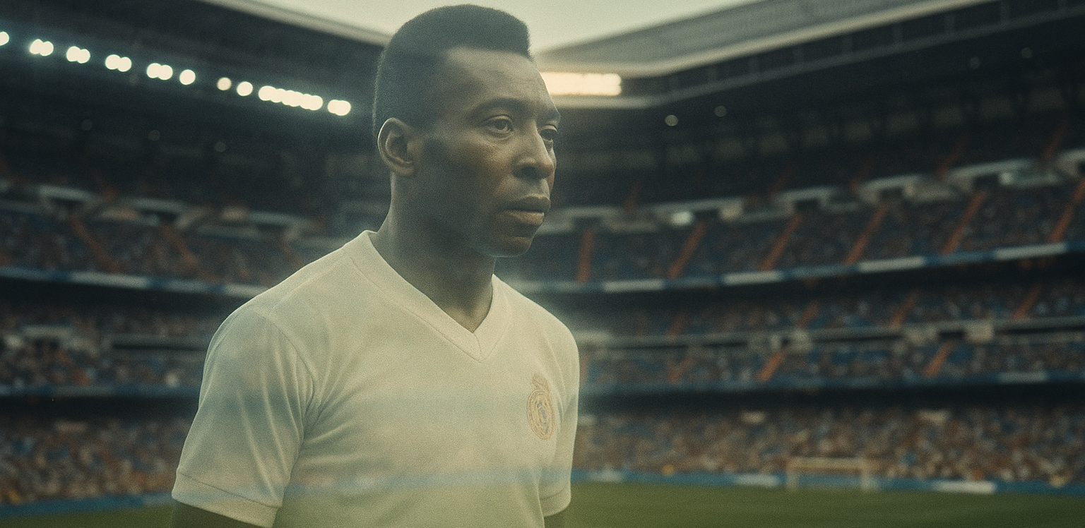 Imagem hiper-realista e nostálgica de um Pelé jovem e translúcido, com brilho etéreo, vestindo um clássico uniforme branco do Real Madrid dos anos 1960, superposto ao moderno Santiago Bernabéu lotado; ele encara o gramado vazio com expressão melancólica; fundo ligeiramente dessaturado, grão de filme sutil; marca d’água “Tudopelabolafc” discreta no canto inferior direito.