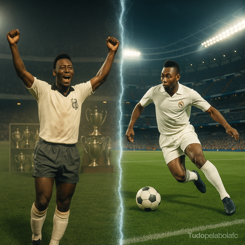 Fotografia conceitual hiper-realista de um campo dividido por uma linha etérea, como um “ripple” no tempo: à esquerda, Pelé jovem nos anos 1960 com camisa do Santos FC, levemente desbotado e granulado, comemora um título com um armário de troféus ao fundo; à direita, o mesmo Pelé, vívido e hiper-realista, em kit clássico do Real Madrid, conduzindo a bola em uma jogada lendária, com uma vitrine de troféus alternativa ao fundo; luz cinematográfica, foco suave na linha divisória, grande-angular e dupla exposição; marca d’água discreta “Tudopelabolafc” no canto inferior direito.
