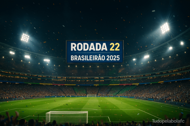 Estádio lotado à noite com holofotes intensos; telão central exibe “RODADA 22 – BRASILEIRÃO 2025”; confetes no ar e gramado impecável; marca d’água semitransparente “Tudopelabolafc” no canto inferior direito.