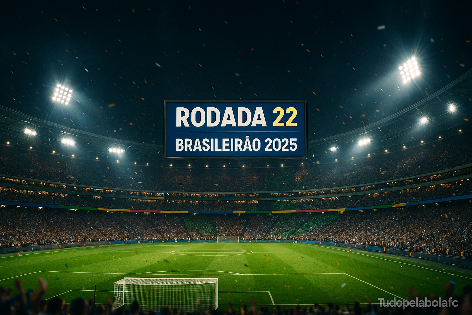 Estádio lotado à noite com holofotes intensos; telão central exibe “RODADA 22 – BRASILEIRÃO 2025”; confetes no ar e gramado impecável; marca d’água semitransparente “Tudopelabolafc” no canto inferior direito.