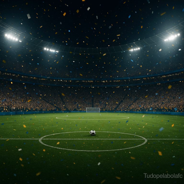 Estádio lotado à noite, holofotes acesos e confetes coloridos no ar; bola parada no círculo central; imagem limpa, sem escritos; marca d’água discreta “Tudopelabolafc” no canto inferior direito.
