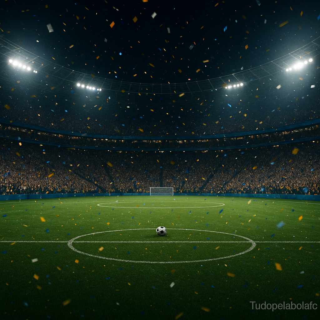 Estádio lotado à noite, holofotes acesos e confetes coloridos no ar; bola parada no círculo central; imagem limpa, sem escritos; marca d’água discreta “Tudopelabolafc” no canto inferior direito.