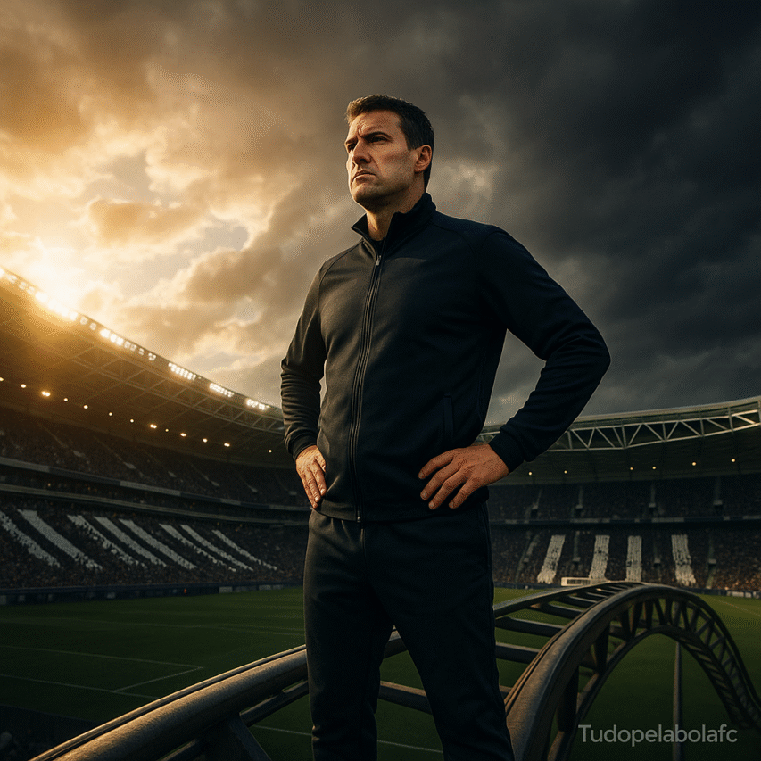 Técnico em plataforma curva tipo montanha-russa; estádio com listras preto-e-brancas sob céu metade sol, metade tempestade.