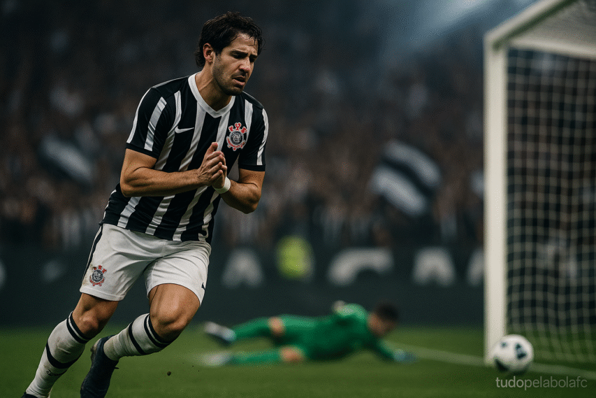 Atacante do Corinthians, camisa listrada preta e branca, corre com expressão de arrependimento após pênalti perdido; bola passa rente à trave enquanto o goleiro está estendido; torcida ao fundo desfocada sob refletores.