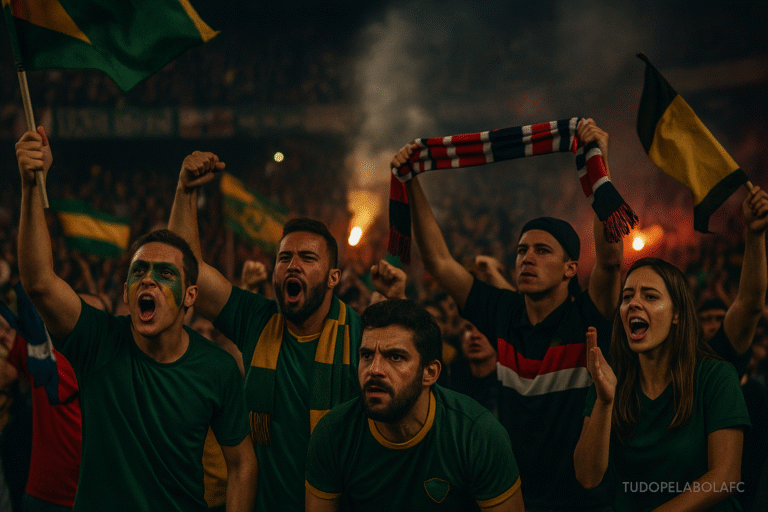 Torcedores brasileiros em arquibancada lotada, com rostos pintados, bandeiras e lenços erguidos, iluminados por refletores e fumaça de sinalizadores.
