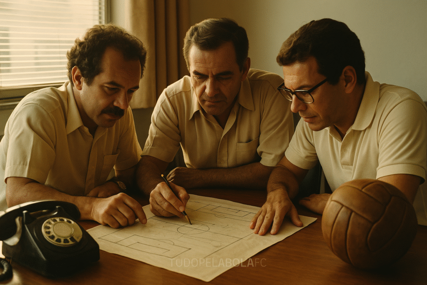 Três homens brasileiros nos anos 1980 discutem ideias para a criação da Copa do Brasil em uma mesa de madeira iluminada pelo sol.