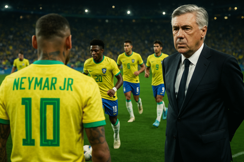 eymar observa do banco enquanto Ancelotti comanda Vinícius Jr, Rodrygo e outros jovens da Seleção Brasileira em campo.