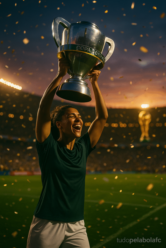 Jogadora de futebol comemora erguendo a taça da Copa do Brasil em um estádio iluminado, com confetes caindo e torcida ao fundo.