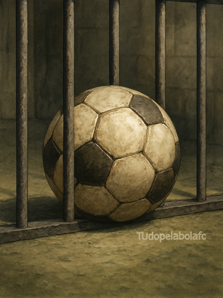 Bola de futebol desgastada posicionada atrás de grades de ferro, simbolizando confinamento e queda.