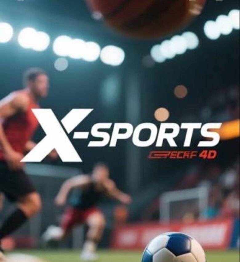 Logotipo X-Sports sobreposto a uma cena esportiva com jogadores desfocados e uma bola de futebol em primeiro plano.