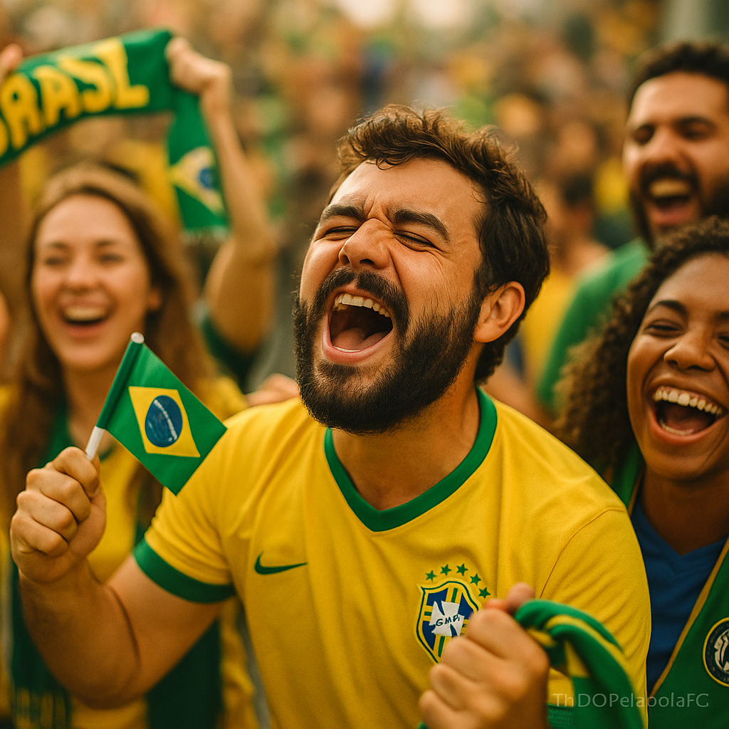 Torcedores brasileiros sorrindo e cantando com bandeiras e camisas da seleção, expressando paixão e alegria coletiva.