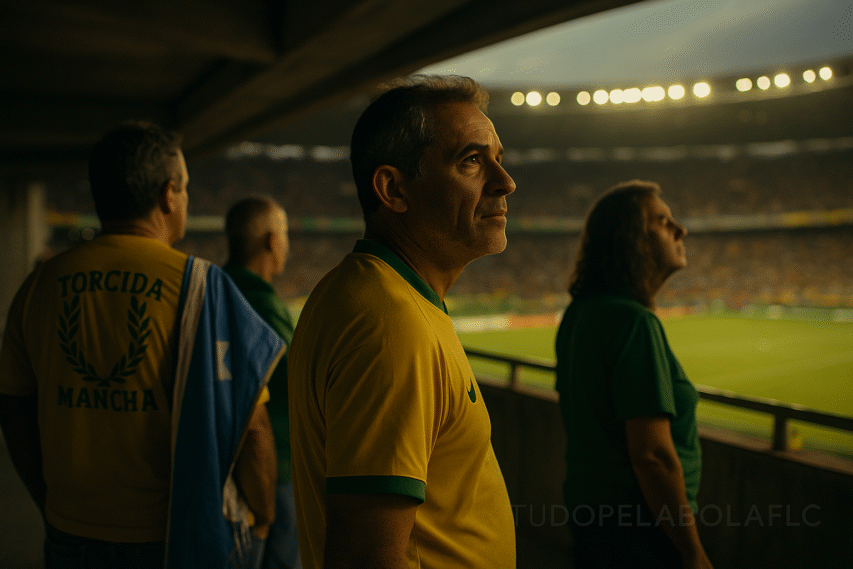 Torcedores brasileiros em um corredor de estádio, olhando pensativos para o campo iluminado, transmitindo esperança e reflexão sobre o futuro das torcidas.