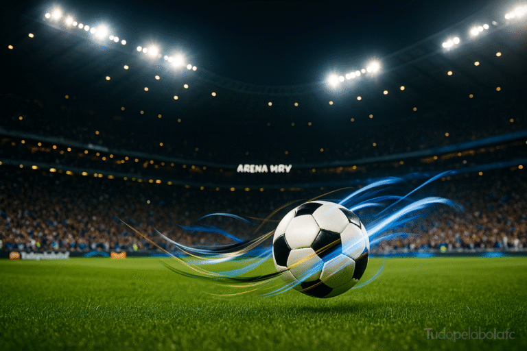 Bola de futebol em movimento no gramado da Arena MRV iluminada à noite, com efeitos de cores representando a rivalidade Cruzeiro x Atlético.