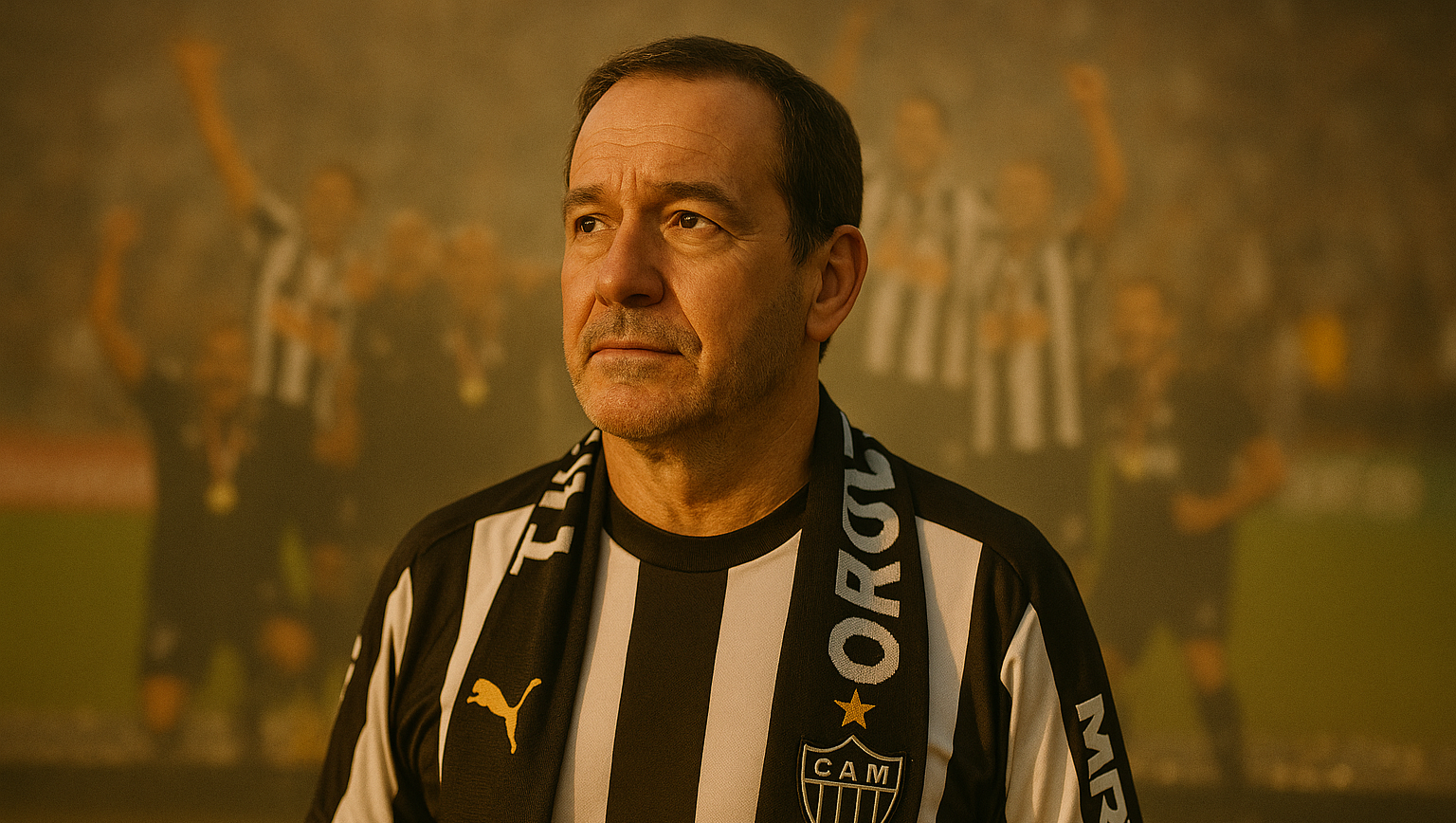 Homem torcedor do Atlético Mineiro, entre 45 e 50 anos, veste a camisa da Libertadores 2013 e olha para o horizonte com expressão orgulhosa e nostálgica. Ao fundo, em desfoque suave, aparece uma sobreposição etérea da equipe de 2013 comemorando o título. Tons dourados de pôr do sol e atmosfera cinematográfica