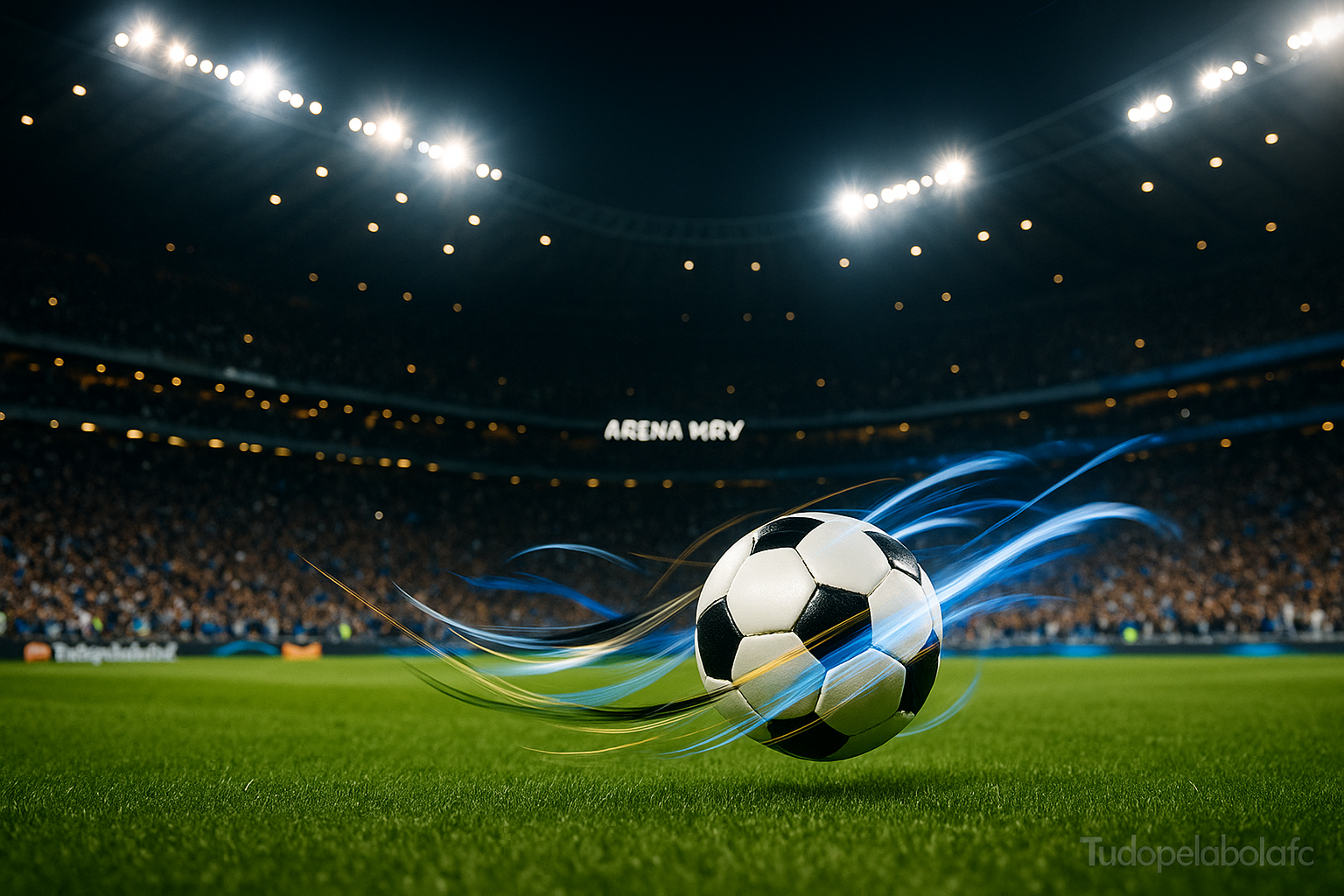 Bola de futebol em movimento no gramado da Arena MRV iluminada à noite, com efeitos de cores representando a rivalidade Cruzeiro x Atlético.
